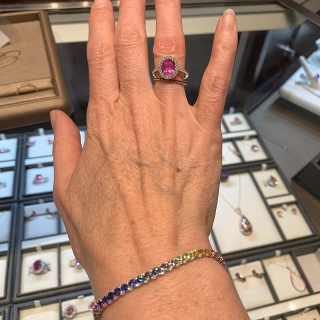 When your girls at Ben Bridge let you try on ALL the sapphires during sapphire month! #benbridge #sapphires #sapphiremonth #rainbowcolors